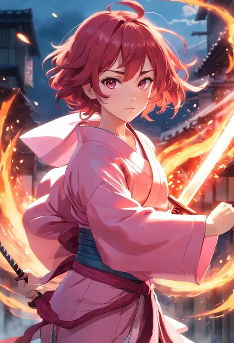 1girl, long curly redhair, white skin, wearing a pink kimono, pink katana, ready to fight pose, pink fire power, sun breathing, demon slayer style, oni hunter, agressive looking, epic background full with fire