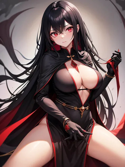 black sorceress woman in short clothes with large, exposed breasts, long black hair and red eyes, with a silk cape on her back, manipulating black magic in one of her hands, dark apocalyptic scene background