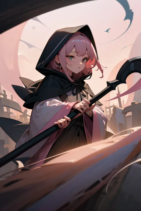 With a girl in a cute hood wrapped in thick fog、Female Grim Reaper Protecting Girl Behind,Wielding a scythe,Emerge from the swirling shadows.Stand in the Cemetery of Forgotten Souls.(Light brown and light pink striped hair:1.3,),Perfect face,Proper body pr...