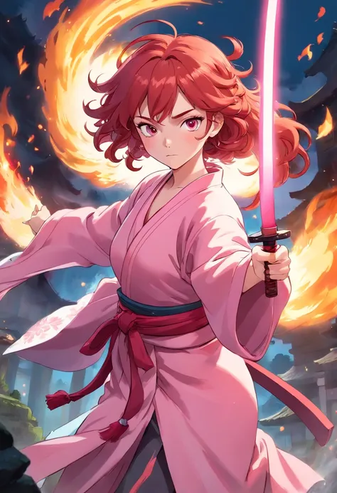 1girl, long curly redhair, white skin, wearing a pink kimono, pink katana, ready to fight pose, pink fire power, sun breathing, demon slayer style, oni hunter, agressive looking, epic background full with fire