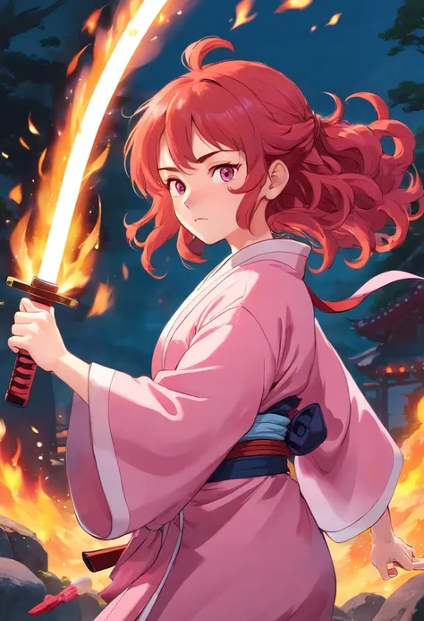 1girl, long curly redhair, white skin, wearing a pink kimono, pink katana, ready to fight pose, pink fire power, sun breathing, demon slayer style, oni hunter, agressive looking, epic background full with fire