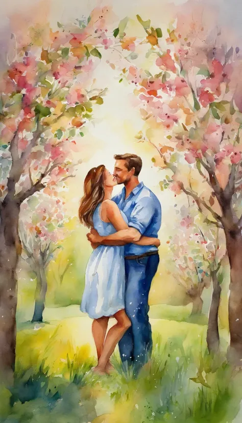 A guy hugs a girl in a blooming apple orchard