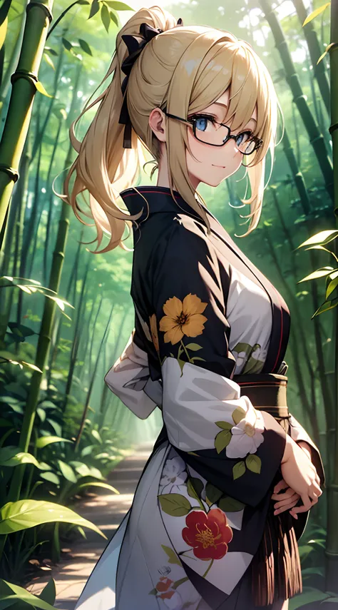 top-quality、Top image quality、​masterpiece、girl with((18year old、Kimono:1.6、Bust 90、a blond、disheveled ponytail、Blue eyes、open chest wide、Happiness、eye glass、耳Nipple Ring))、A slender、hiquality、visualart、Hannari、Background with((in bamboo forest))、masutepie...