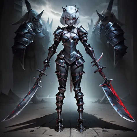 Guillotine Blade Monster、A monster that combines creepiness and beauty、(She wears sharp-bladed armor:2.0)、The whole body is a knife、Cold、Atrocious、brutality、cruel、Crazy laughter、Light in the dark、(Full body:1.8)