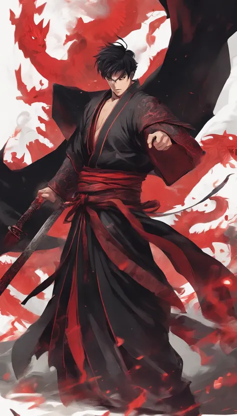 (detailed,realistic) Man with short black hair and mustache, wearing a black and red dragons details kimono, wielding a sword engulfed in black flames, in the style of Demon Slayer