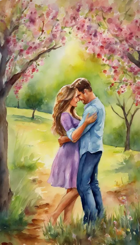 A guy hugs a girl in a blooming apple orchard