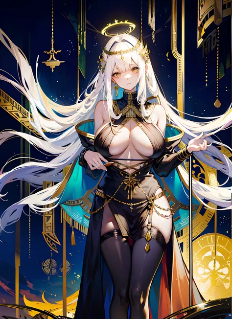 (long  white hair)，the rainforest，a throne，A desert，Egyptian culture，Pharaoh，Cleopatra，a mature female，Black skin，Brown skin，(Dress revealingly)，(huge tit)，((cleavage))，(((tit)))，((Erotic lingerie))