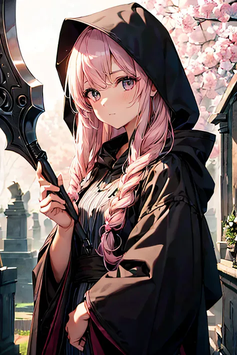 With a girl in a cute hood wrapped in thick fog、Female Grim Reaper Protecting Girl Behind,Wielding a scythe,Emerge from the swirling shadows.Stand in the Cemetery of Forgotten Souls.(Light brown and light pink striped hair:1.3,),Perfect face,Proper body pr...