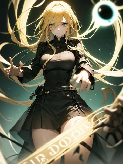 woman in short clothes with long blonde hair and green eyes, with several orbs of light around her, manipulating black magic in one of her hands, dark apocalyptic scene background