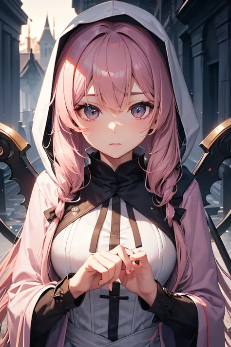 With a girl in a cute hood wrapped in thick fog、Female Grim Reaper Protecting a Girl from Behind,Wielding a scythe,Emerge from the swirling shadows.Stand in the Cemetery of Forgotten Souls.(Light brown and light pink striped hair:1.3,),Perfect face,Proper ...