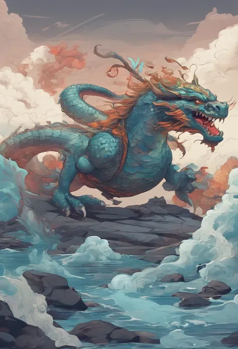 China-style，Chinese mythology，Dragon turtle，faucet，Angular，Turtle body，Heavy tortoiseshell shell，The tail of the snake grows out，has horns on its head，tosen，Ferocious，gargantuan，The eyes glow blue light，the sea，Huge waves，surrounded by cloud，中景 the scene i...