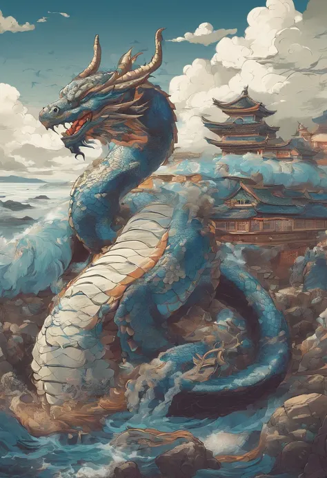 China-style，Chinese mythology，Dragon turtle，faucet，Angular，Turtle body，Heavy tortoiseshell shell，The tail of the snake grows out，has horns on its head，tosen，Ferocious，gargantuan，The eyes glow blue light，the sea，Huge waves，surrounded by cloud，中景 the scene i...