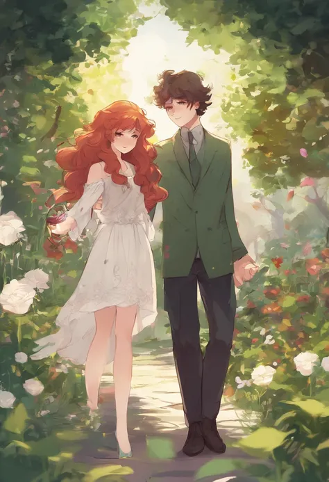 a couple holding hands on a garden, 1girl, long curly redhair, white skin, green cute dress, 1boy, brown skin, cute mustache, black short hair, nice outfit, sunlight, beautiful day, fulll of flowers, epic, good image