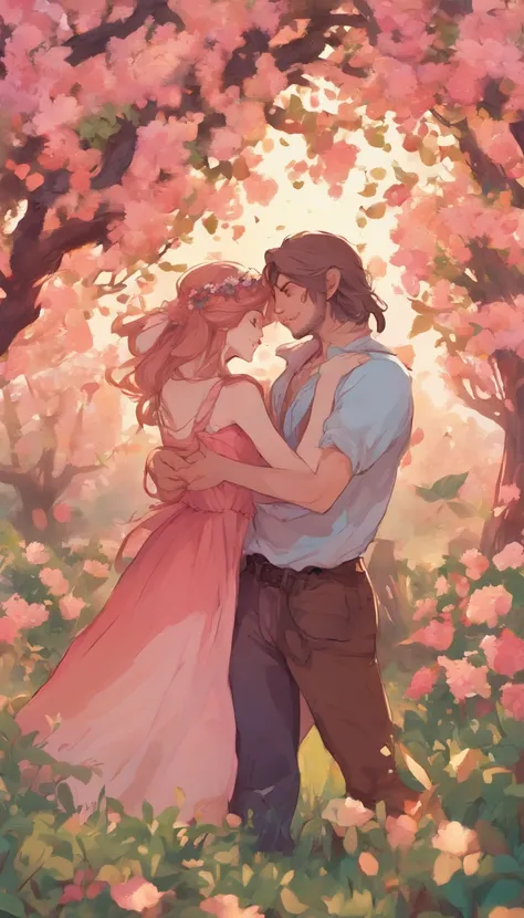 A guy hugs a girl in a blooming apple orchard