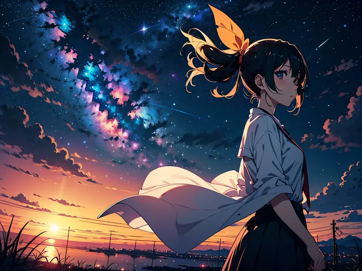 masutepiece, 4K, Anime girl looking at the sky, midnight sky, There are many stars in the sky, Beautiful sky, Beautiful Girl, Night, Beautiful world, Dark, view from front, nffsw, Hyper-Resolution, Perfect Lighting, colour grading