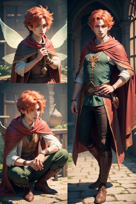 male fairy bard auburn hair wearing a cloak and clothes holding a lute short no facial hair with wings