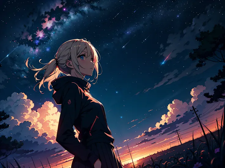 masutepiece, 4K, Anime girl looking at the sky, midnight sky, There are many stars in the sky, Beautiful sky, Beautiful Girl, Night, Beautiful world, Dark, view from front, nffsw, Hyper-Resolution, Perfect Lighting, colour grading