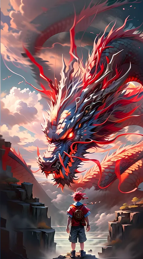 The Chinese Red Dragon soared into the air, boy children manipulates dragons, The boy standing on the cliff, has his back to the camera，Sky clouds surround the surroundings，Light magic，Fantastic background，Meaning background，Ridiculous background，There are...