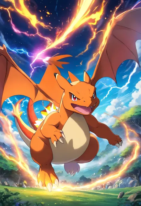 Charizard bonito，Lively and agile，Pelos macios vermelhos，olhos grandes cintilantes，Orelhas pontudas fofas，Lightning background，surreal、Sobrenatural、Super sky scene illustration，Rendered beautifully down to the smallest detail, Veja as bolhas soprando suave...