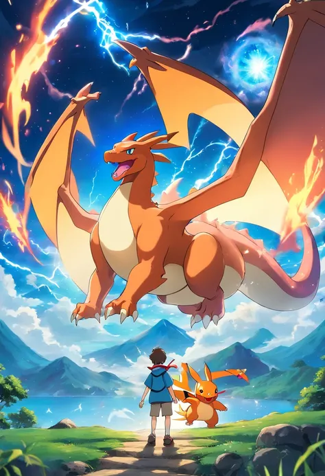 Charizard bonito，Lively and agile，Pelos macios vermelhos，olhos grandes cintilantes，Orelhas pontudas fofas，Lightning background，surreal、Sobrenatural、Super sky scene illustration，Rendered beautifully down to the smallest detail, Veja as bolhas soprando suave...