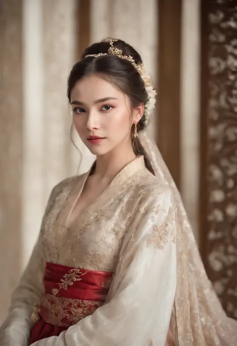 full body portrait，In this masterpiece, a  resplendent girl with cascading locks possesses a face of ethereal beauty and a figure adorned with graceful curves, donning an exquisite hanfu ensemble，（....................................）. The intricate detail...