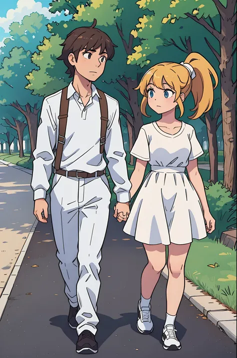 A guy and a girl are walking in the park, a white shirt, characters of the same height, a girl with a ponytail