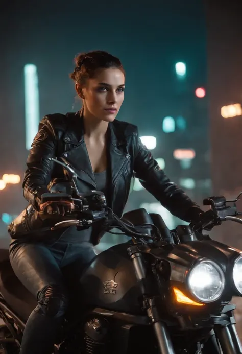 ((Qualidade Superior)), ((Melhor Varejo)), (high level of detail: 1.3), 3d, A woman riding a motorcycle,Lindo fiz (O cyberpunk:1.3) mulher hacker,  spy, pilotando uma motocicleta,medium long shot,(medium shot)