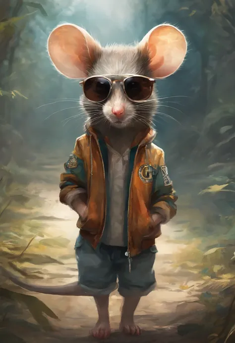 Perfect centering, Cute mouse, Wear a student team jacket, Wearing sunglasses, Wearing headphones, cheerfulness, Standing position, Abstract beauty, Centered, Looking at the camera, Facing the camera, nearing perfection, Dynamic, Highly detailed, smooth, S...