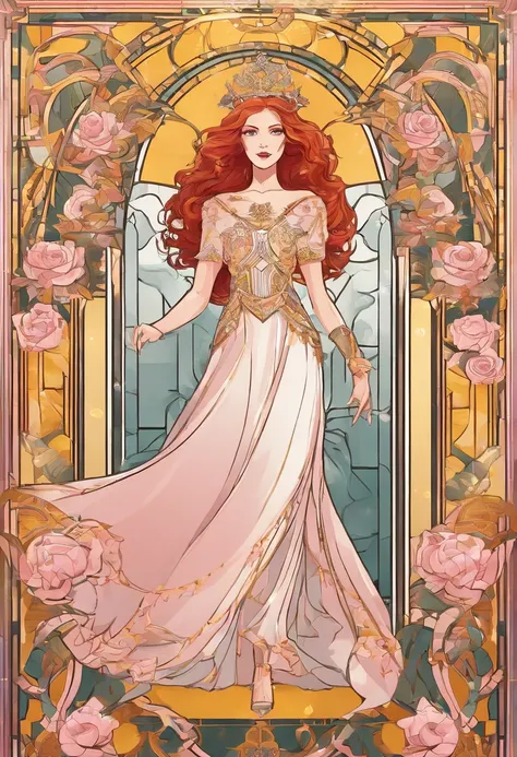 1girl, long curly redhair, white skin, light pink medieval princess dress, with roses crown, dancing on a saloon, bare feet, yellow light, glitter, shine