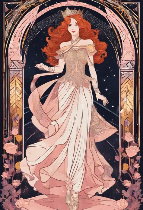 1girl, long curly redhair, white skin, light pink medieval princess dress, with roses crown, dancing on a saloon, bare feet, yellow light, glitter, shine