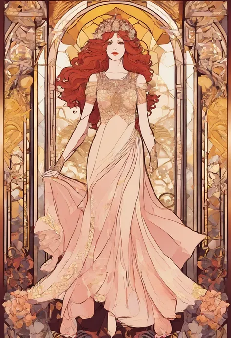 1girl, long curly redhair, white skin, light pink medieval princess dress, with roses crown, dancing on a saloon, bare feet, yellow light, glitter, shine