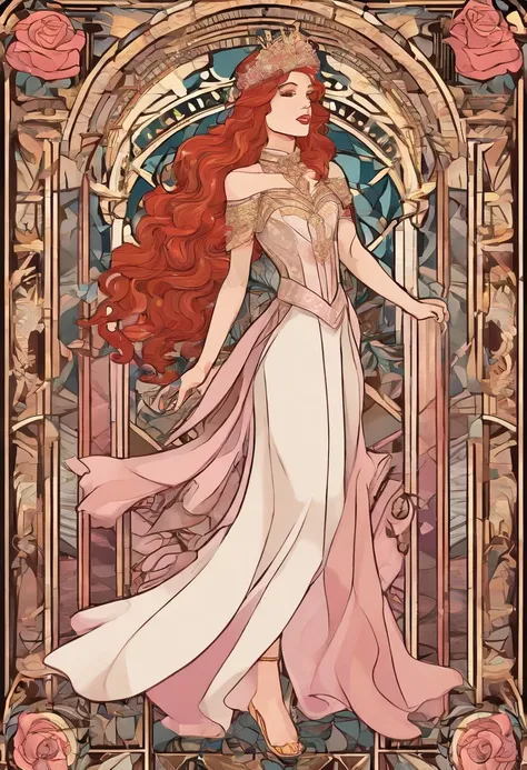 1girl, long curly redhair, white skin, light pink medieval princess dress, with roses crown, dancing on a saloon, bare feet, yellow light, glitter, shine