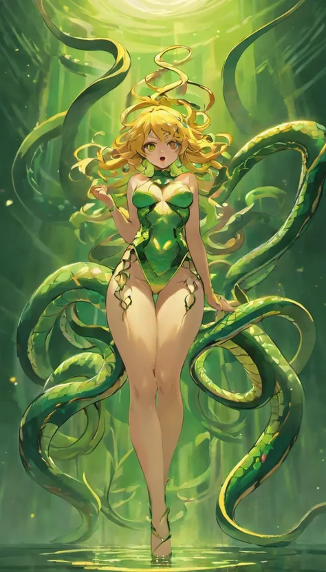 The tall and strong Queen Medusa，Perfect looks，The lower body is super long and gorgeous snake body，Snake tail，Large area of scales，It has a waterfall-like fiery red hair scattered on the ground，Extra-large big breasts，There are abs on the thin waist，Unbel...