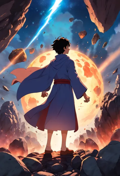 levitating male summoner with short black hair, robes and caped arms raised above a broken earth, glowing lava light from beneath the asteroid field (jagged rocks, boulders and debris shooting into the air:1.3) (dust debris storm suction cup:1.1) volumetri...