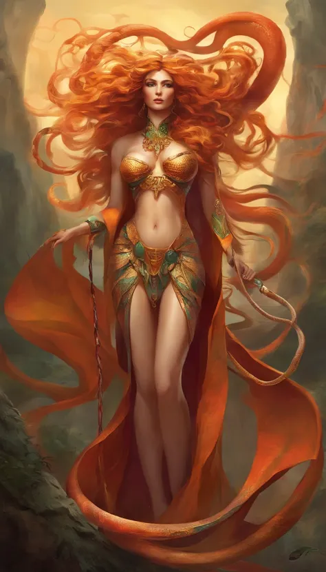 The tall and strong Queen Medusa，Perfect looks，The lower body is super long and gorgeous snake body，Snake tail，Large area scales，It has a waterfall-like strand of fiery red hair scattered on the ground，Extra-large big breasts，There are abs on the thin wais...