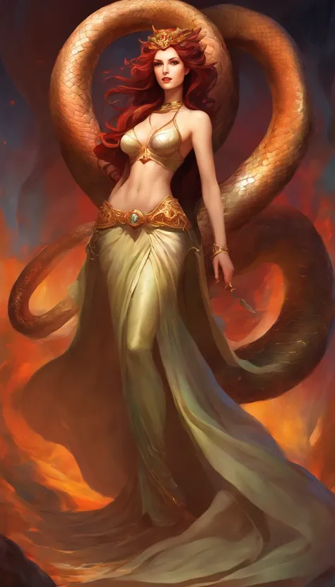 The tall and strong Queen Medusa，Perfect looks，The lower body is super long and gorgeous snake body，Snake tail，Large area scales，It has a waterfall-like strand of fiery red hair scattered on the ground，Extra-large big breasts，There are abs on the thin wais...