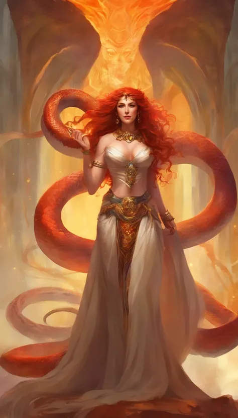 The tall and strong Queen Medusa，Perfect looks，The lower body is super long and gorgeous snake body，Snake tail，Large area scales，It has a waterfall-like strand of fiery red hair scattered on the ground，Extra-large big breasts，There are abs on the thin wais...