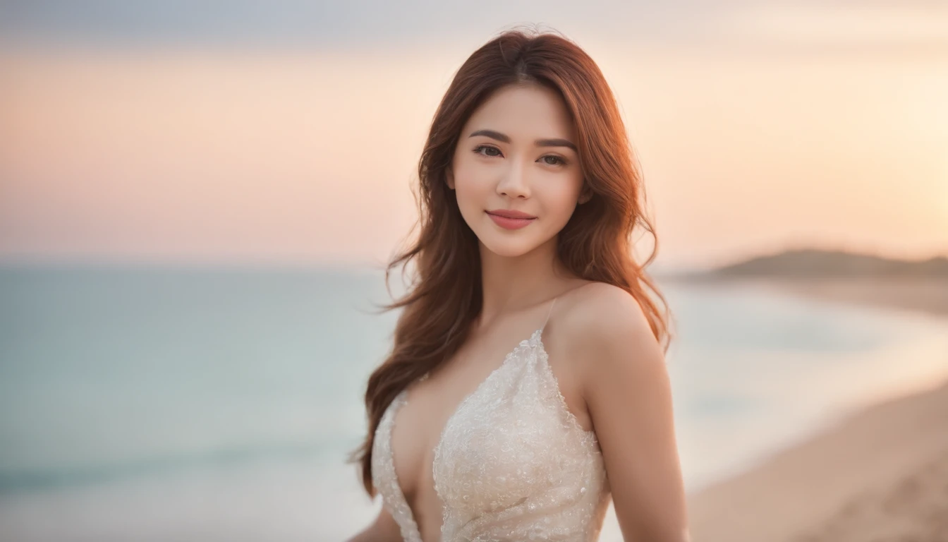 （best qualtiy，8k，tmasterpiece：1.3）， 1 Chinese beauty， ssmile， full bodyesbian， Beautiful woman，Professional skirt， blur backgroun，Large，beachside