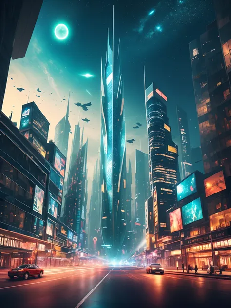 ，masterpiece, best quality，8k, 超高分辨率，in a futuristic world，the stunning futuristic city looks especially spectacular against a d...