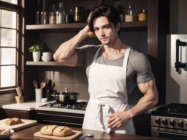 ((Baking master))),((men only)), (Cowboy erschossen), (Handsome muscular man in golden apron in the kitchen), mischievous smile, (Details: 1 in 1), Natural musculature, High quality, gorgeous eyes, (detailliertes Gesicht und Augen), (Gesicht、: 1 / 2), Nois...