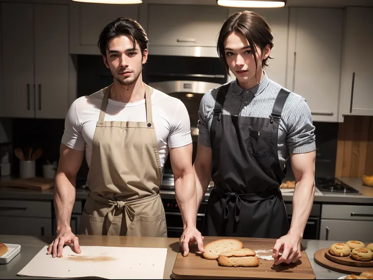 ((Baking master))),((men only)), (Cowboy erschossen), (Handsome muscular man in golden apron in the kitchen), mischievous smile, (Details: 1 in 1), Natural musculature, High quality, gorgeous eyes, (detailliertes Gesicht und Augen), (Gesicht、: 1 / 2), Nois...