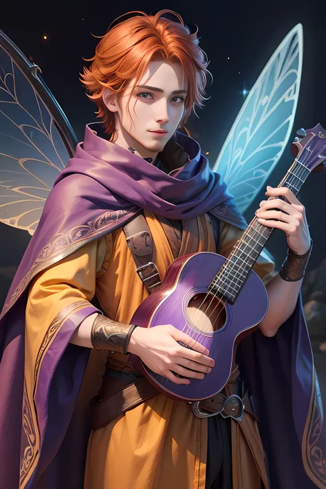 male fairy bard auburn hair amber eyes wearing a cloak and clothes holding a ukele 3ft tall no facial hair with blue and purple wings