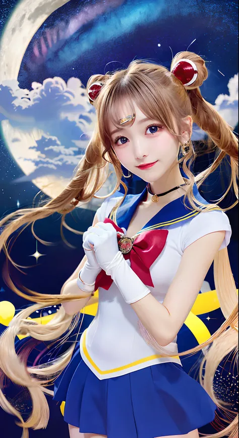 masutepiece, Best Quality, hight resolution, 1girl in, Rabbit, Double bun, Twin-tailed, Parted bangs, circlet, Jewelry, earrings, Choker, Red bow, White Gloves, elbow groves, Blue skirt,  Cowboy Shot, Night, Outdoors, Moon, A smile,normal hands