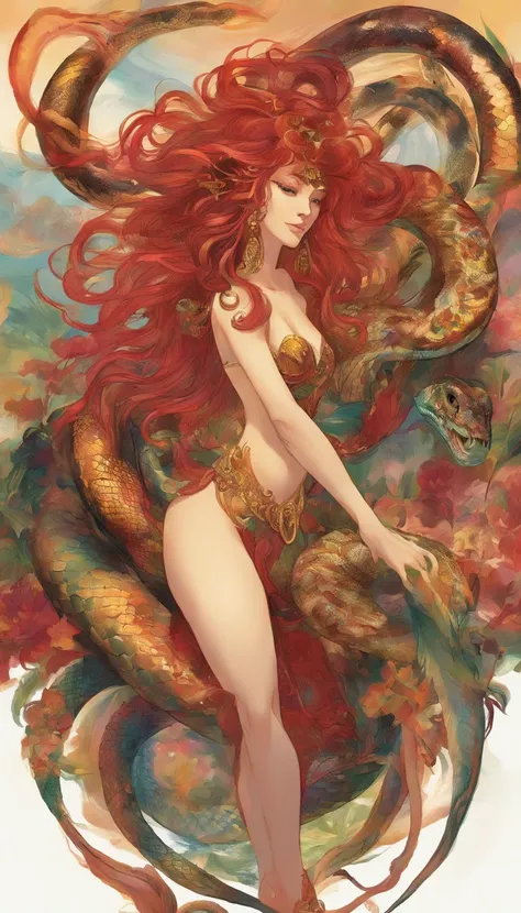 The tall and strong Queen Medusa，Perfect looks，The lower body is super long and gorgeous snake body，Snake tail，Large area scales，It had a waterfall-like strand of fiery red hair scattered on the ground。。，Extra-large big breasts，There are abs on the thin wa...