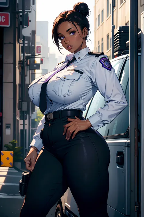 Best quality, solo mature woman, giant breasts, giant ass, very curvy, dark brown skin, low bun, lilac eyes, full lips, seductive, police uniform, police pants, police button up