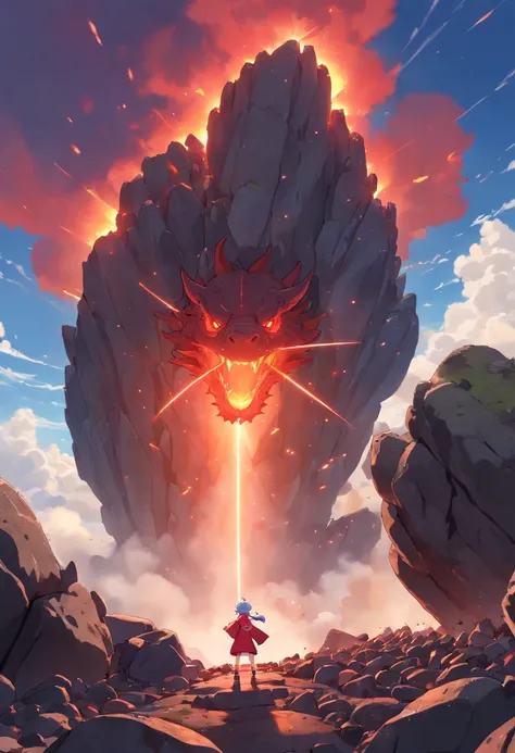 The Chinese Red Dragon rose into the air, boy children manipulate dragons, The boy standing on the cliff, his back is to the camera, Sky clouds surround the surroundings, light magic, Fantastic background, Background meaning, Ridiculous background, There a...