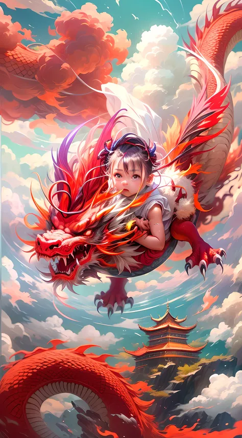 The cute Chinese Red Dragon wrapped around the baby in the clouds, Sky clouds surround the surroundings，Light magic, Fantastic background, Meaning background, Ridiculous background, There are artistic overlays，multicolored hair, surrealism, Cinematic light...