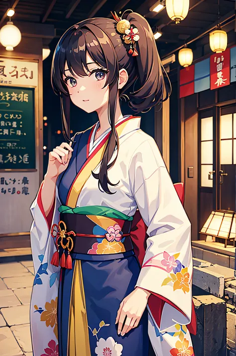 one japanese girl。She wears a kimono，She should be at school。Her hair is a side ponytail。