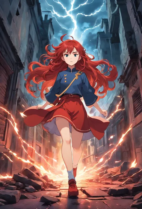 1girl, long curly redhair, white skin, caos magic, red energy powers, red uniform, city in ruins, red lightening, super powerful, agressive look, dark, epic background