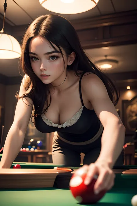 Masterpiece 8K picture quality Billiard room Young and beautiful girl Close-up of face Girl playing pool with a club The movements are beautiful and smooth